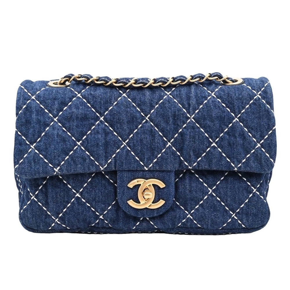 🔥CHANEL🔥100% Authentic CHANEL Classic Medium Flap Bag Denim Quilted/Full Set
